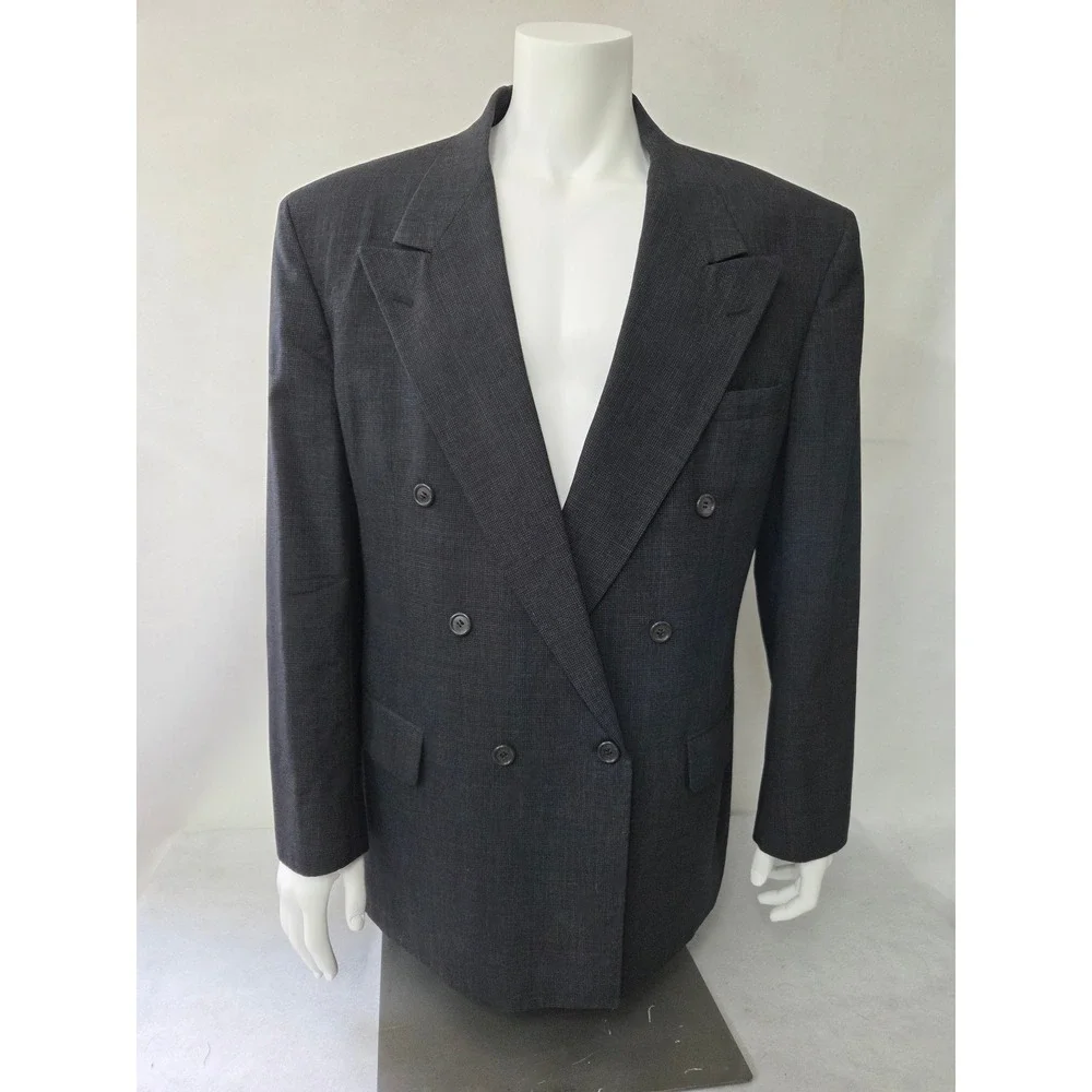 Bill Blass Mens Vintage Double Breasted Wool Blazer Charcoal Grey Check 44R